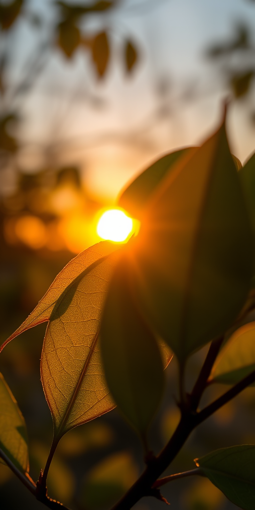 capture a close-up shot of backlit leaves against a sunset background, aperture f/2.8, shutter speed 1/200 sec, ISO 200, use a macro lens on a DSLR camera at twilight for enhanced image quality