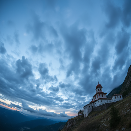 Wide-angle shot of a mountain monastery with dramatic clouds in the sky, taken at dusk with a DSLR camera, f/8 aperture, ISO 200, 1/250 sec shutter speed, panoramic view to enhance depth and detail.