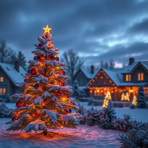 Create a cozy winter scene featuring a snow-covered Christmas tree adorned with colorful ornaments and warm lights. The background should include softly lit houses and more festive decorations under a twilight sky.