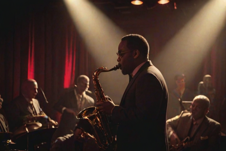 Low-light, intimate image of a jazz band performing in a smoky nightclub, soft glow from red stage lights casting a warm hue on the musicians, the sound of smooth saxophone notes filling the air, audience members quietly sipping drinks in the background.