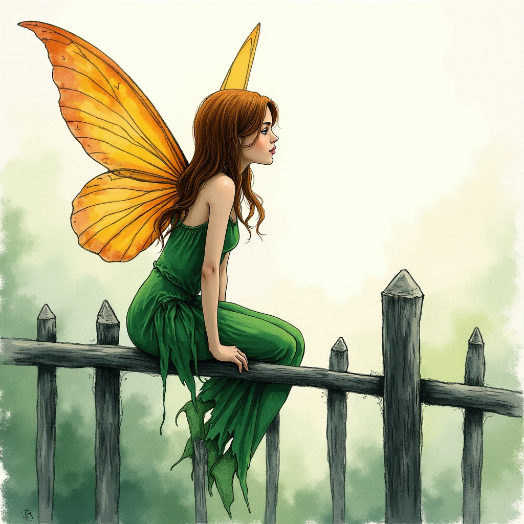 create an image of a fairy from behind sitting on a  fence watercolour and alcohol inks