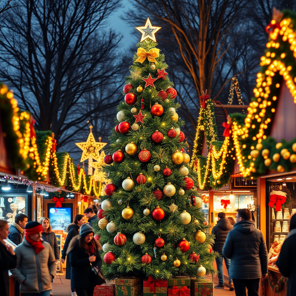 Generate an image of a festive Christmas market scene. Include a beautifully decorated Christmas tree with shiny ornaments and a star on top. Surround the tree with colorful market stalls adorned with lights and holiday decorations. Capture the vibrant atmosphere with shoppers enjoying the festivities.