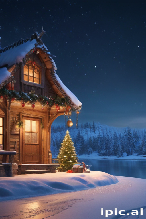 Cozy Winter Scene Featuring a Charming Snow-Covered Cabin and Christmas ...