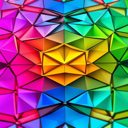Create a high-resolution abstract geometric pattern with vibrant colors, using a DSLR camera, 50mm lens, f/1.8 aperture, ISO 100, and a low angle view to enhance depth and detail.