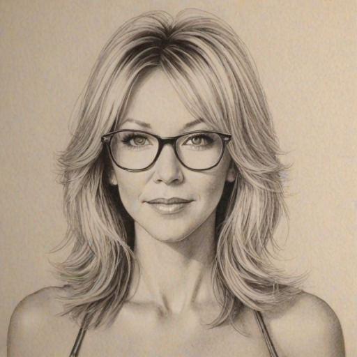 Captivating Heather Locklear, pencil sketch, portrait of Elegant woman 1977s in glasses, hair style beatnik, outline, clear lines, fine lines, 8k