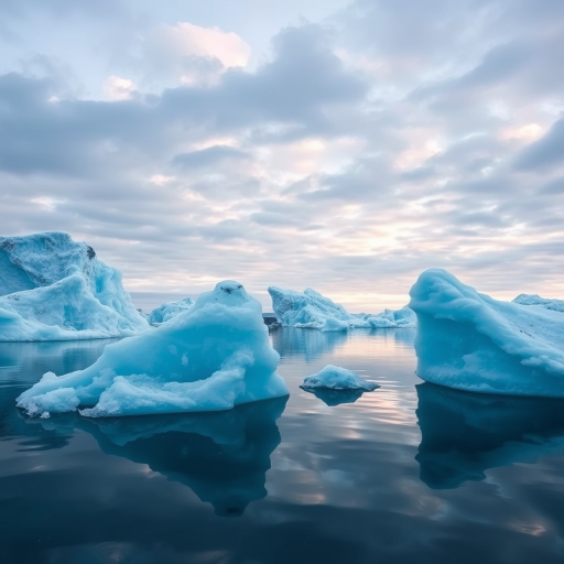 Create a serene landscape featuring massive blue icebergs floating in calm water, with a cloudy sky reflecting on the surface, captured with a Canon EOS 5D Mark IV, 24mm lens, aperture f/8, ISO 200, shutter speed 1/200 sec, in twilight soft lighting to enhance details and colors.