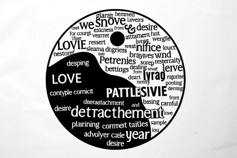 Create a high-contrast black and white illustration of a yin-yang symbol filled with various words representing emotions and actions like love, desire, and detachment, captured with a Canon EOS 5D Mark IV, 50mm lens, f/1.8 aperture, ISO 100, and a slight overhead angle for artistic depth and clarity.