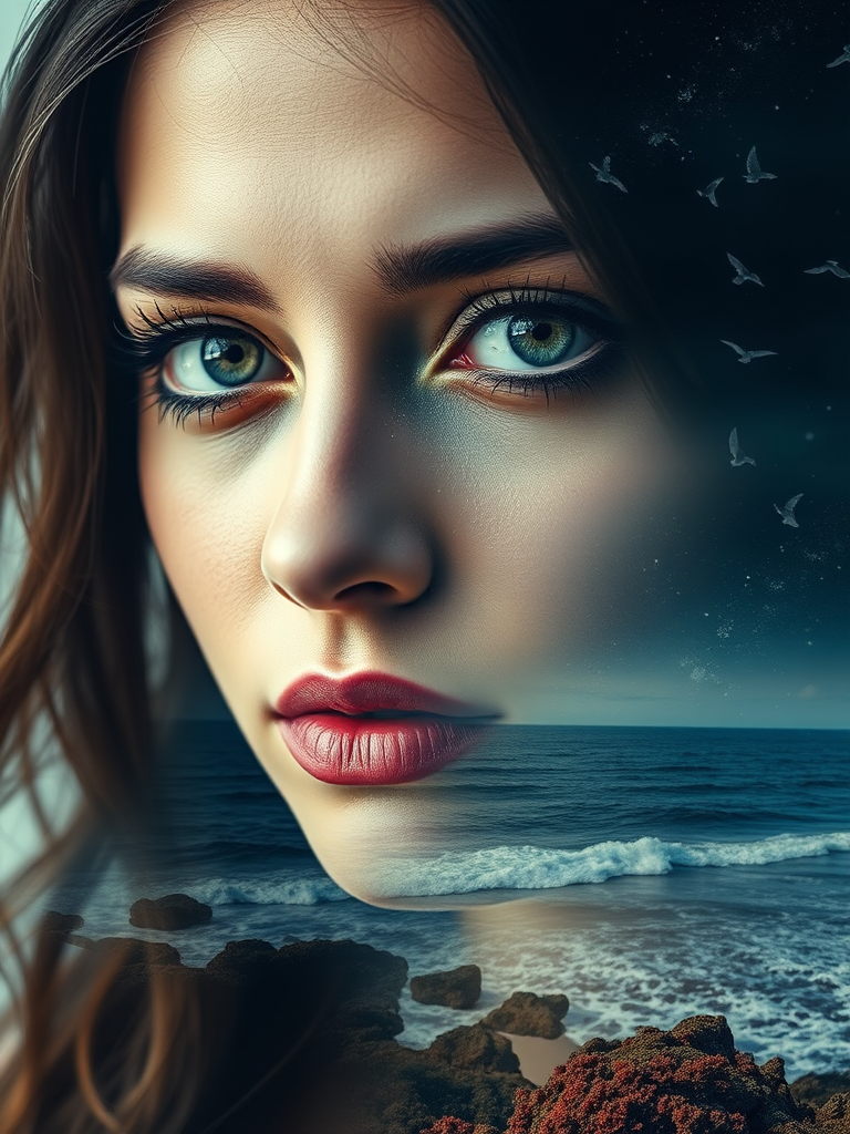 this image is Book cover, A surreal double exposure portrait that blends a woman's face with a beautiful seascape. The overall mood is dreamy and mystical, with rich colors and intricate details