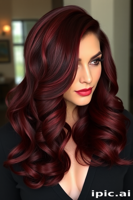 Deep burgundy hair styled in glamorous Old Hollywood waves with a deep side part exemplifies the classic "Vintage Velvet" look, incorporating subtle mahogany lowlights and a high-shine finish that adds depth and richness to the luxurious, ruby-red hues, evoking a sense of timeless elegance and sophistication