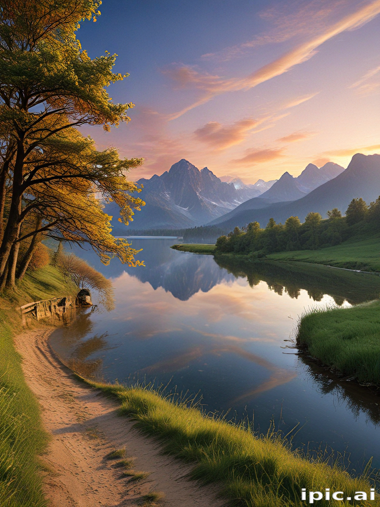 Tranquil Sunset Over Serene Lake Surrounded by Majestic Mountains and Trees