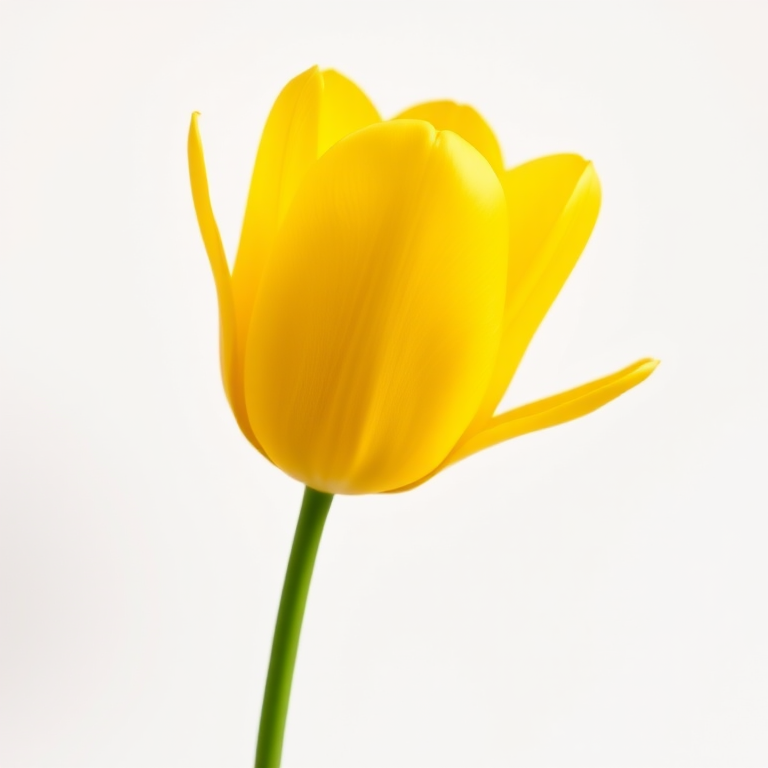A vibrant yellow tulip against a minimalistic white background, captured with a Canon EOS R5, 50mm f/1.2 lens, aperture set to f/2.8, ISO 100, and soft diffused lighting to enhance colors and details.