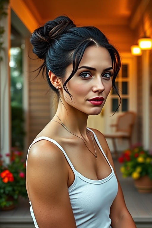 A photo of Natalie Portman with a background of a cozy porch. She has dark hair pulled back in an updo, with tendrils framing her face. She wears a white tank top and sits on the porch. The porch is part of a well-lit home with a warm, earthy tone and colorful flowers and foliage. The overall scene has a warm, welcoming, and comfortable ambiance.