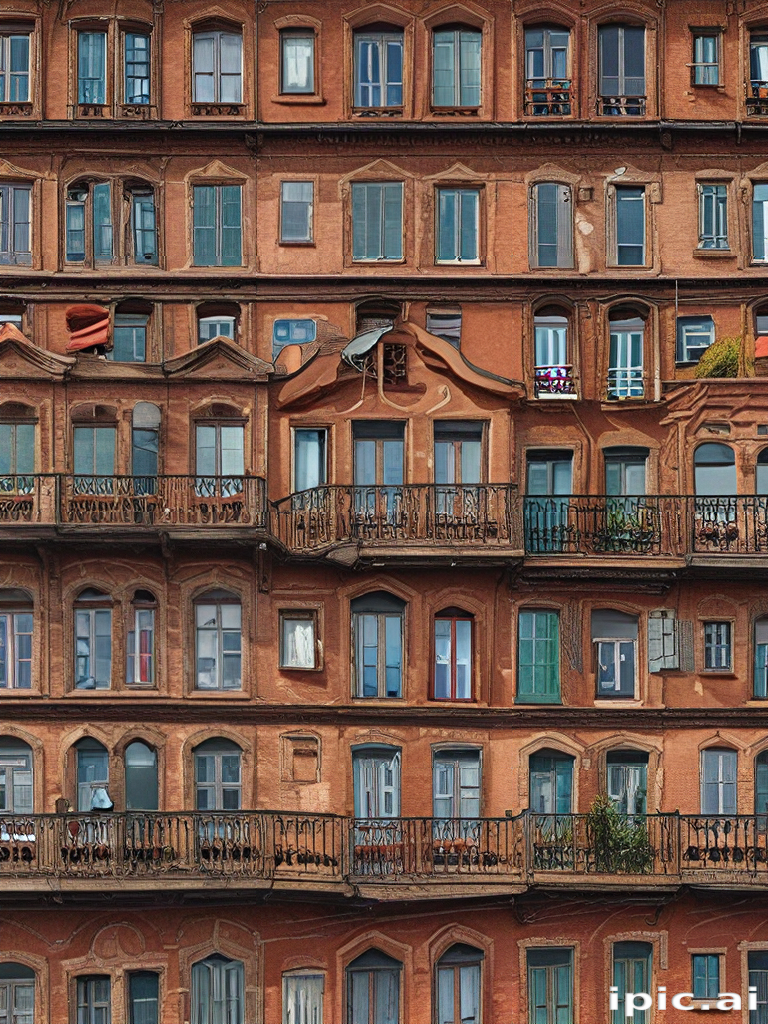 Intricate Patterns of Windows and Balconies on Historical Brick Buildings