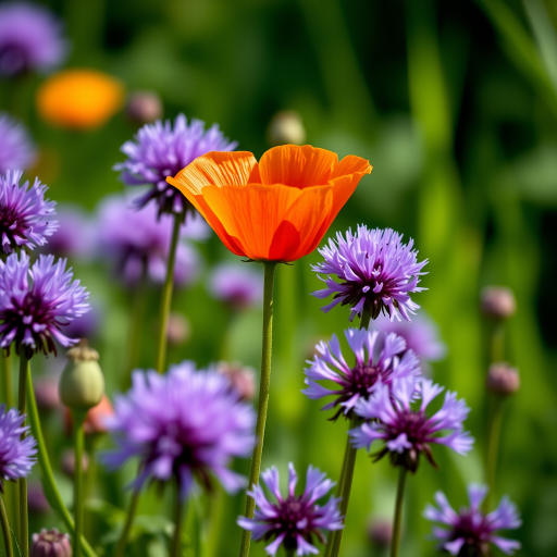 macro shot of vibrant orange poppy flower standing between purple allium blooms in a lush green garden background, taken with a Nikon D850, f/2.8 aperture, 1/200 sec shutter speed, ISO 100, natural light with a shallow depth of field to emphasize the flowers