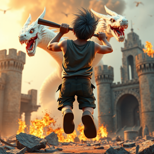 Cartoon 3D High-Resolution,dynamic battle scene using Unreal Engine 5 and Octane Render. The scene features back of an elderly, thai man with a beard,messy hair and round golden-rimmed glasses. He is wearing a tattered tank top with soot marks, shorts, and sandals. sweating. he wields a baseball bat. He jump to fight with a white fire-breathing Europe dragon amidst a partially destroyed stone castle. Include intense flames, smoke, and debris to enhance the dramatic effect.
