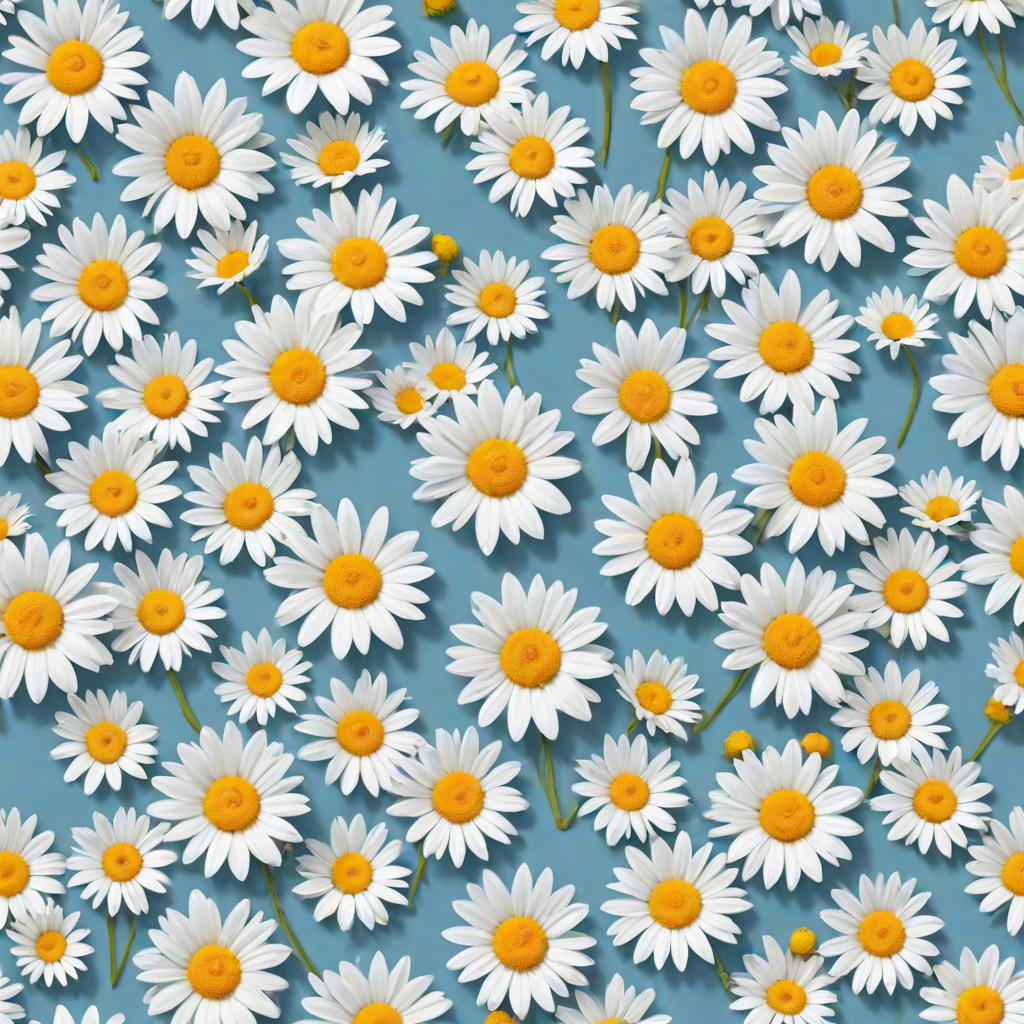 Create a seamless pattern featuring a light blue background filled with white daisies. Each daisy should have a bright yellow center and a simple, clean design. The flowers should be evenly spaced, creating a harmonious and cheerful floral pattern.