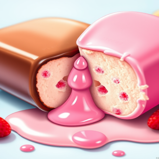 Create an illustration of two melting ice cream bars, one chocolate and one strawberry, with a droplet falling from the pink one, using a vibrant color palette, captured in a macro view with a DSLR camera at f/2.8 aperture, 50mm lens, and soft natural lighting to enhance texture and detail.