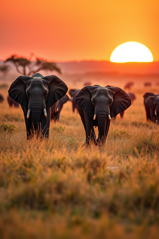 an African savanna landscape featuring a herd of elephants walking gracefully through golden grass during sunset, captured with a Canon EOS 5D Mark IV, 100mm lens, f/4.0 aperture, ISO 200, using a shallow depth of field to emphasize the elephants while softly blurring the background, with a warm color palette to enhance the serene atmosphere of the scene