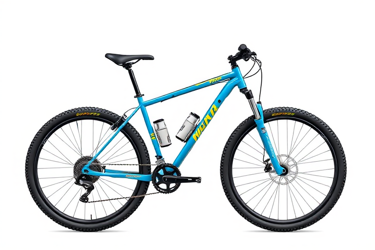 Create a high-resolution illustration of a blue mountain bike with detailed components, using a DSLR camera, 50mm lens, aperture f/1.8, ISO 100, natural lighting, side view for clarity and emphasis on geometric shapes and design features.