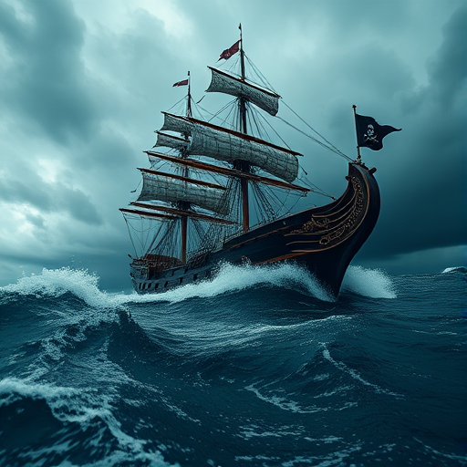 A majestic pirate ship sailing through tumultuous waves under a stormy sky, captured with a DSLR camera at f/8 aperture, ISO 200, 1/250 sec shutter speed, wide-angle lens at 24mm, low-angle view, in a dramatic and cinematic style.