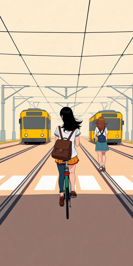 Create an animated illustration of three young women walking across a tram track with two yellow trams approaching, one woman riding a bicycle, set against a textured beige background, use a DSLR camera with a 50mm lens at f/2.8, ISO 100, and a slight vignette effect for depth.