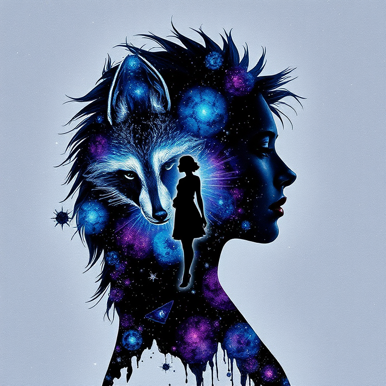 Captivating conceptual render alcohol ink art, double exposure, the paint strokes artfully merge combining a woman's full silhouette with a Curious raccoon's silhouette. The figures are composed of a series of colored dots, lines & spots that evoke the image of a cosmic galaxy, colors are deep shades of blue purple & black with flashes of white & silver representing distant stars. The woman's silhouette is formed within the lion's silhouette from constellations of scattered stars, surreal