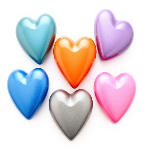 Create a high-resolution image of five glossy hearts in different colors (blue, orange, gray, purple, and pink) with a white background, using a DSLR camera with a 50mm lens, f/2.8 aperture, and 1/200s shutter speed, captured from a top-down view in a soft light setting.