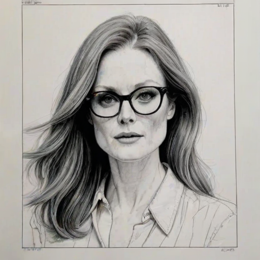 Alluring Julianne Moore, pencil sketch, portrait of Resplendent woman 1978s in glasses, hair style beatnik, outline, clear lines, fine lines, 8k