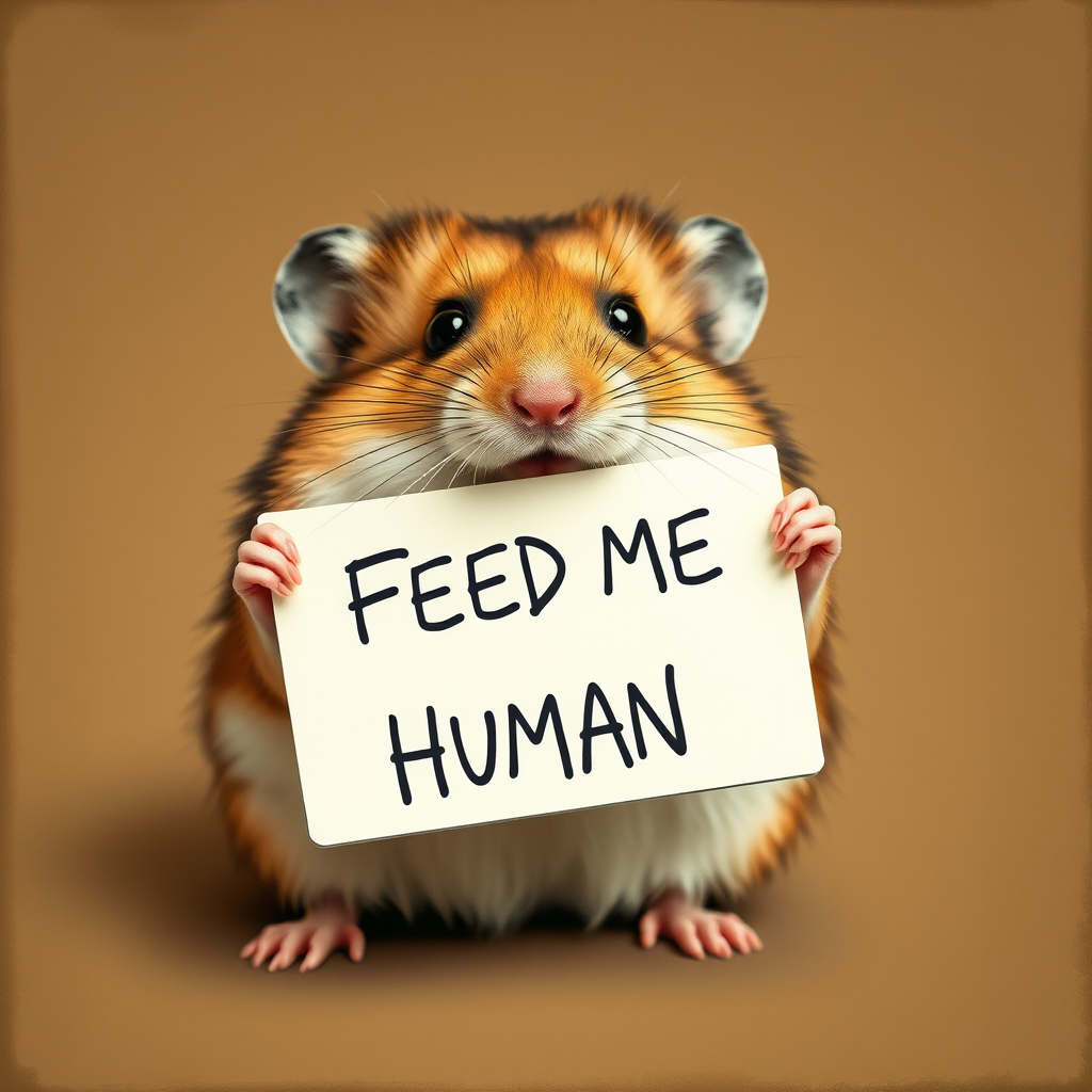 hamster holding a note which says "FEED ME HUMAN"
