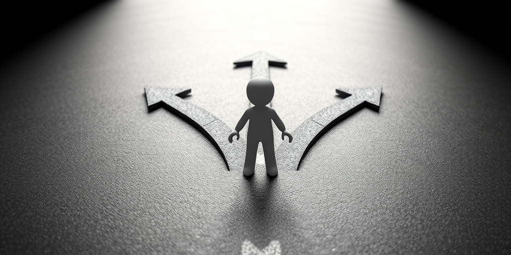 create a 3D render of a small humanoid figure standing at a crossroads with three arrows pointing in different directions, use a Canon EOS 5D Mark IV, 50mm lens, aperture f/8, ISO 100, and a low angle view for dramatic effect, ensure high detail and smooth shadows.