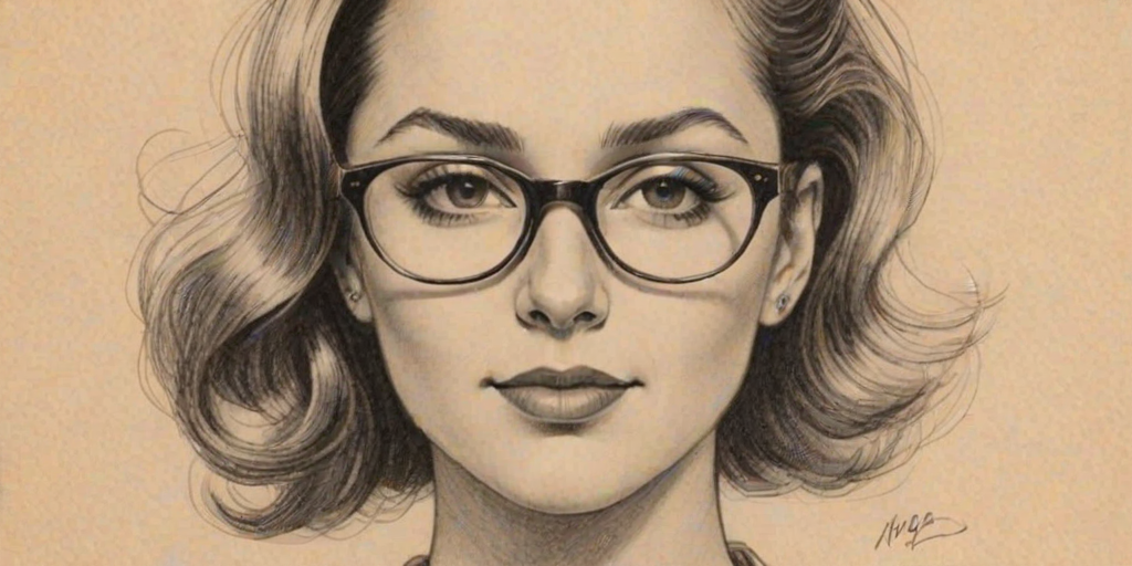 Stunning Mya, pencil sketch, portrait of Pleasing woman 1934s in glasses, hair style beatnik, outline, clear lines, fine lines, 8k
