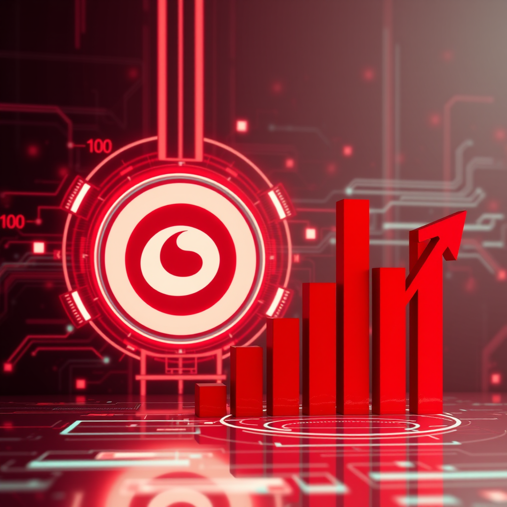 Create an abstract digital background featuring a circular logo and a rising bar graph, with a futuristic red color scheme, using a DSLR camera at f/2.8 aperture, ISO 100, 50mm lens, captured from a slightly elevated angle and post-processed for enhanced sharpness and contrast.