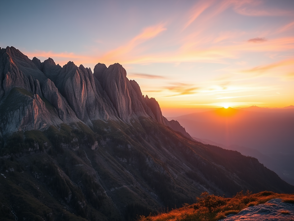 Create a highly detailed close-up image of a serene mountain landscape at sunrise with vibrant colors, utilizing a full-frame DSLR camera, 50mm lens, f/1.8 aperture, ISO 100, shutter speed 1/60 sec, HDR imaging style for enhanced brightness and contrast.