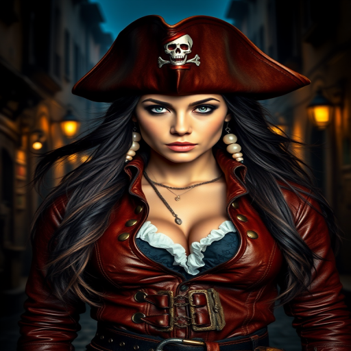 Create a portrait of a fierce female pirate. She wears a leather tricorn hat adorned with a skull and crossbones emblem, and her long, dark hair flows around her face. Her outfit consists of a richly detailed leather jacket, a corset, and multiple layers of belts and accessories, giving her a formidable and stylish appearance. She stands confidently in a dimly lit, historic port town, with a backdrop of weathered buildings and cobblestone streets, capturing the adventurous spirit of a pirate.