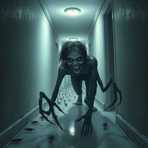 a crooked female with long arms and a creepy smile is crawling along a long white corridor and you can also see cockroaches in it there is a creepy atmosphere creepy art style