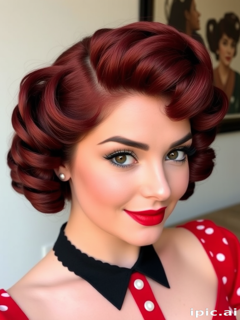 Retro Pin-Up Victory Rolls styled in a rich cherry red hue with subtle black lowlights creating depth and dimension in perfectly sculpted vintage-inspired curls