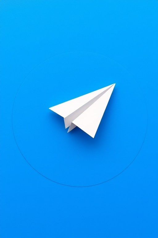 Create a digital vector illustration of a white paper airplane on a solid blue circular background, using a high-resolution camera setup with an aperture of f/8, ISO 100, and a focal length of 50mm, shot from a straight-on view with a flat design style for enhanced clarity and sharpness.