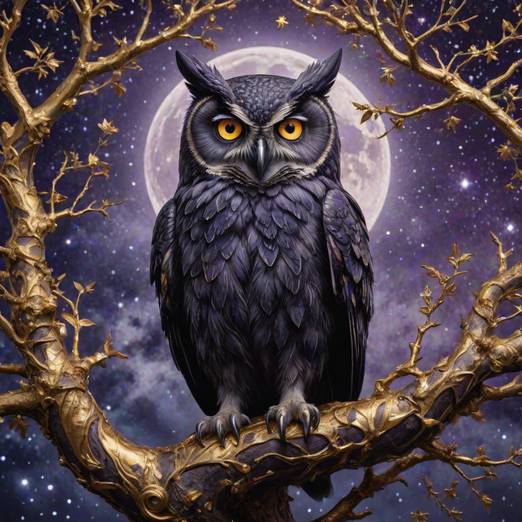 obsidian stone owl on a lush ral-frctlgmtry tree, very detailed eyes, full moon and stars in the sky, purple hues, dreamlike, glowing edges, mystical, high contrast, ethereal light, gold leaf