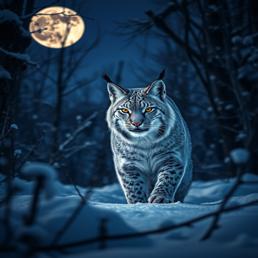 Create a highly detailed image of a blue lynx in a snowy forest at night with a full moon in the background, using a DSLR camera set to ISO 100, f/2.8, 1/200s, shot from a close-up angle, in a portrait style, with high dynamic range for enhanced color and depth.