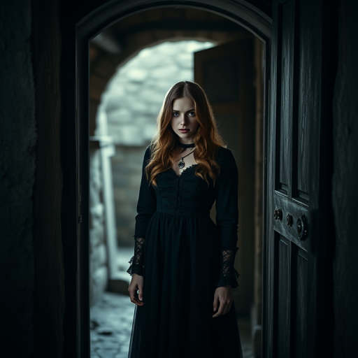 portrait of a woman in a dark gothic dress standing in a rustic doorway, soft diffused light, shallow depth of field, ISO 100, f/2.8, 85mm lens, DSLR camera, high dynamic range, moody atmosphere