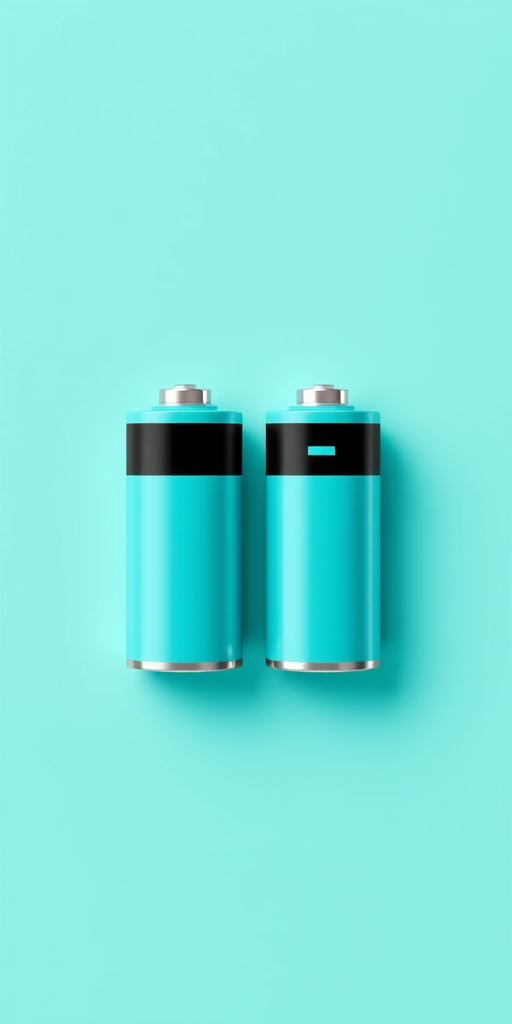 Create a high-resolution digital illustration of two batteries, one with a positive and the other with a negative terminal, set against a solid turquoise background, using a Canon EOS R5 camera with a 50mm f/1.2 lens, aperture set to f/8, ISO 100, and a soft diffused lighting setup to enhance color vibrancy and details.