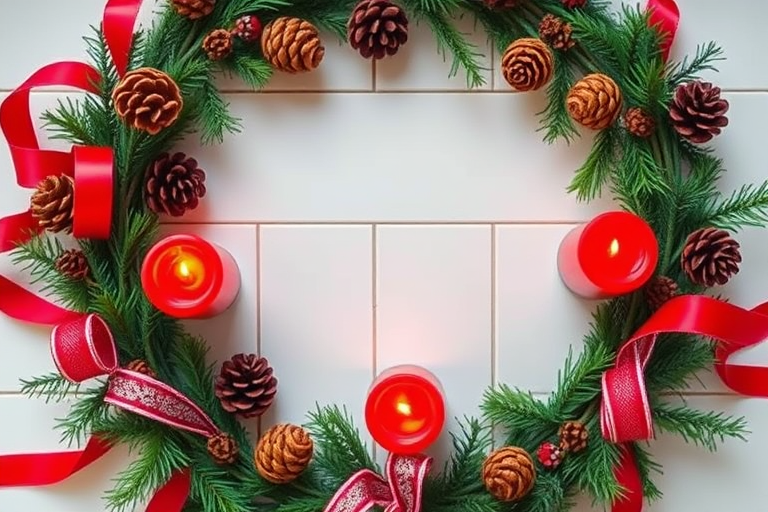 create a high-resolution image of a circular Advent wreath with four red candles, pinecones, and decorative ribbons, captured from a top-down view using a DSLR camera at f/2.8 aperture, 1/60 shutter speed, ISO 100, and natural lighting for enhanced detail and color vibrancy