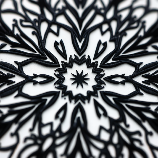 A close-up of a beautifully intricate black abstract pattern on a white background, shot with a Canon EOS R5 at f/8, ISO 100, 1/250s, with a macro lens to enhance details and clarity, using a soft natural light setup for even illumination.