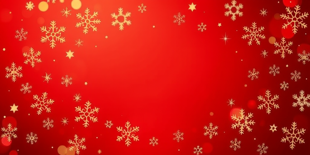 Create a festive background featuring a rich red color with various golden and white snowflakes scattered throughout. Include sparkling stars and subtle bokeh effects to enhance the holiday atmosphere. Ensure the center of the image is clear for text or additional elements.