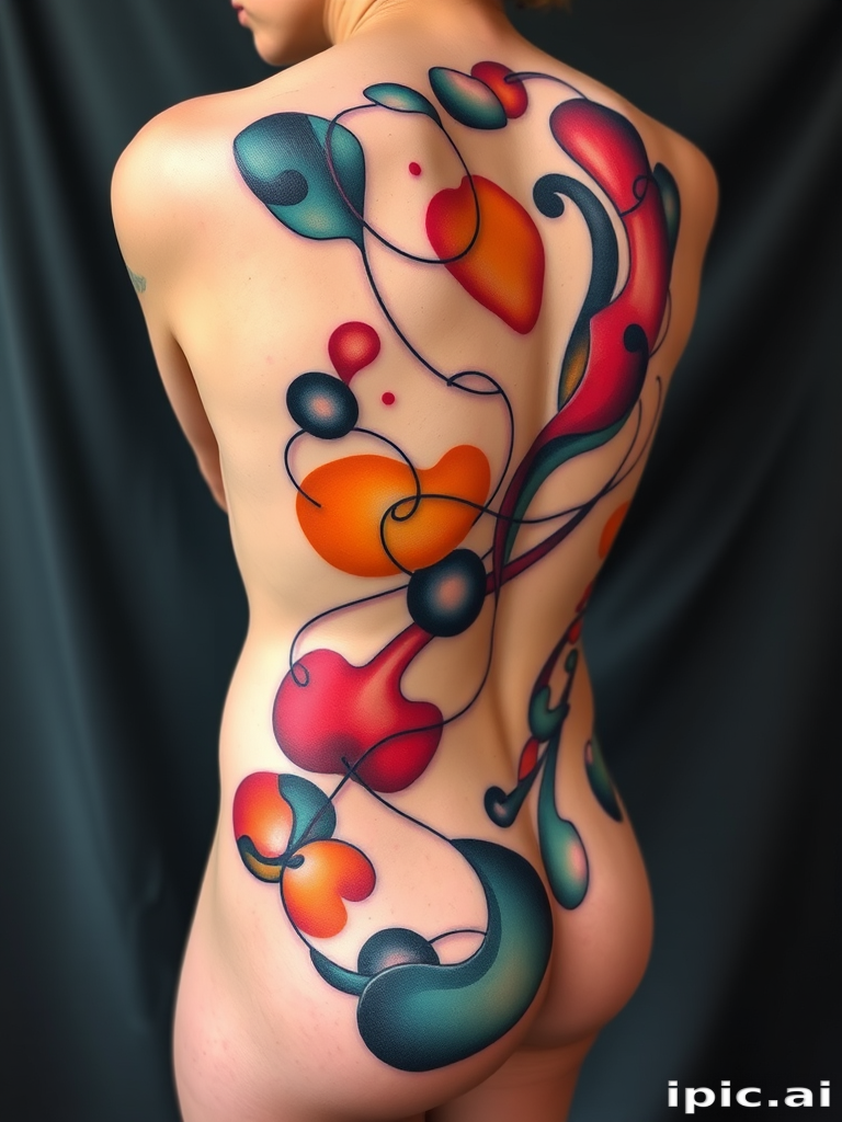 Avant-garde abstract tattoo featuring fluid shapes and organic forms, blending vibrant colors with negative space to create a dynamic, ever-changing composition across the body