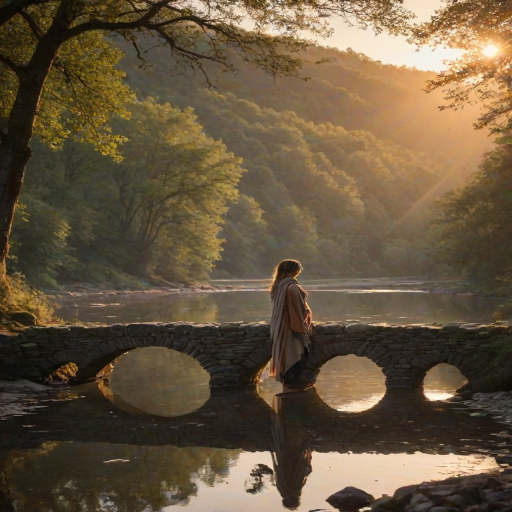 Ancient stone bridge over a peaceful river, a woman standing in the middle, watching the sunset reflect off the water below, her long scarf blowing in the wind.
