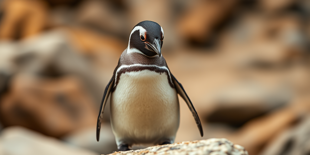A close-up of a penguin standing on a rock in a natural habitat, using a Canon EOS 5D Mark IV, 85mm lens, f/4 aperture, ISO 200, 1/250 sec, shallow depth of field, soft natural lighting, focus on the penguin with a blurred background.