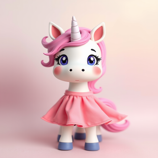 Create a cute cartoon unicorn character with a surprised expression, wearing a flowing pink dress, set against a soft gradient background with pastel colors, using a digital camera with a 50mm lens, f/1.8 aperture, capturing a shallow depth of field for a soft background blur, in portrait orientation for enhanced detail and color vibrancy.