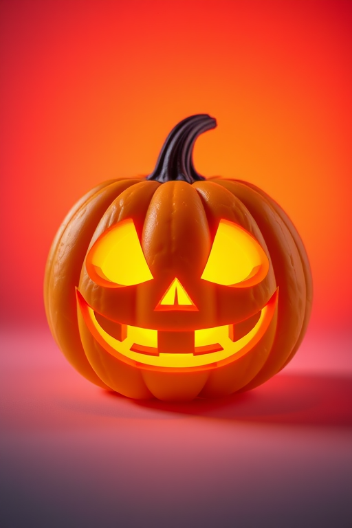 Create a glowing Halloween pumpkin with cartoonish features and a ghostly effect, shot with a Canon EOS R5 at f/2.8, ISO 100, 1/125s, in a vibrant gradient background with soft diffused lighting.