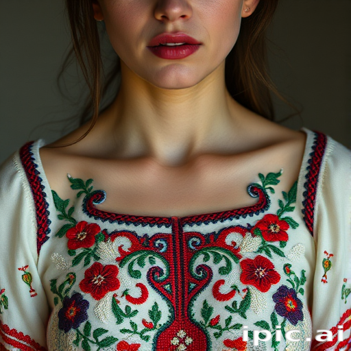 Face, shoulders, chest covered in openwork Ukrainian embroidery. Raw, unedited image.